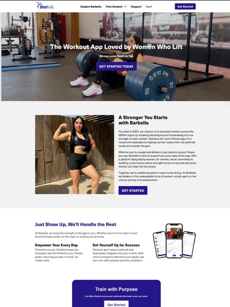 The image shows a webpage promoting the Barbella app, featuring fitness-oriented content. The top section highlights a gym with blue and black barbells, followed by a testimonial. A woman in workout attire poses confidently. The page includes sections about the app's benefits and user testimonials.