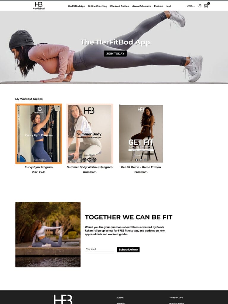A fitness app webpage featuring a woman in a plank pose as the header image. Below are three workout guides titled "Curvy Gym Program," "Summer Body Workout Program," and "Get Fit Quick - Home Edition," each with descriptions and prices. A subscription section is at the bottom.