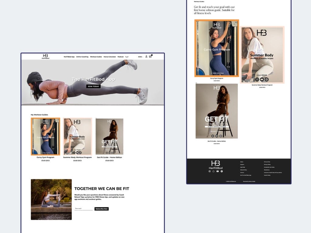 A promotional image for Her Fit Bod features two web pages. The first shows a woman in athletic wear doing a plank position and highlights fitness guides. The second page showcases images of women promoting a fitness app with sections like "Get Fit" and "Summer Body.