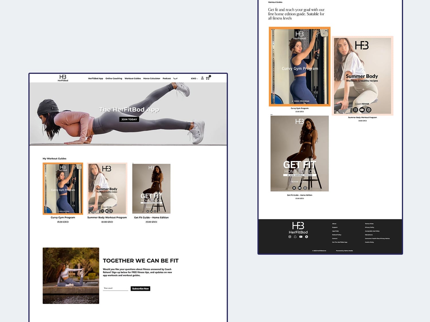 A promotional image for Her Fit Bod features two web pages. The first shows a woman in athletic wear doing a plank position and highlights fitness guides. The second page showcases images of women promoting a fitness app with sections like "Get Fit" and "Summer Body.