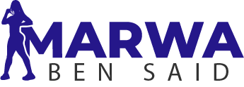 Logo featuring stylized text "MARWA BEN SAID" in bold blue letters. To the left of the text, a silhouette of a person with a triangular shape over the head, also in blue, stands confidently, adding a striking visual element to the design.