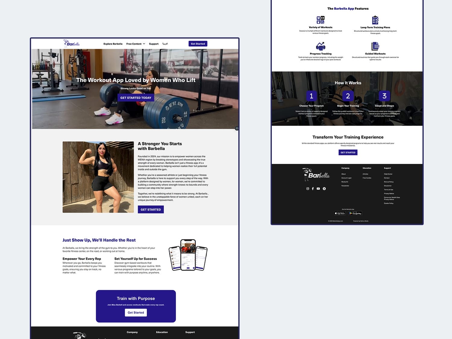 Two images of the Barbellas website homepage featuring a fitness app for women. The top section highlights app features and an image of a woman lifting weights. The bottom section explains app functionality, includes testimonials, and provides a call to action.