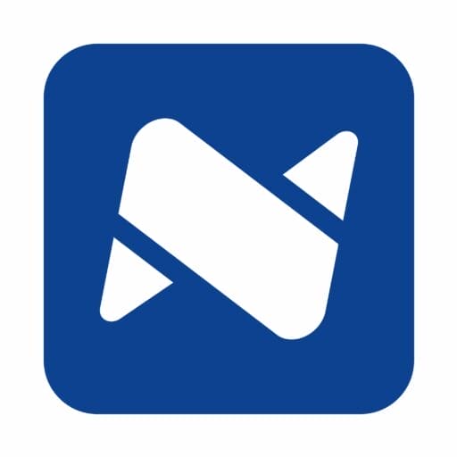 A blue square with rounded corners features a white, stylized letter 'N' composed of two overlapping, diagonal shapes resembling paper strips with pointed ends. The design has a modern, minimalist aesthetic.