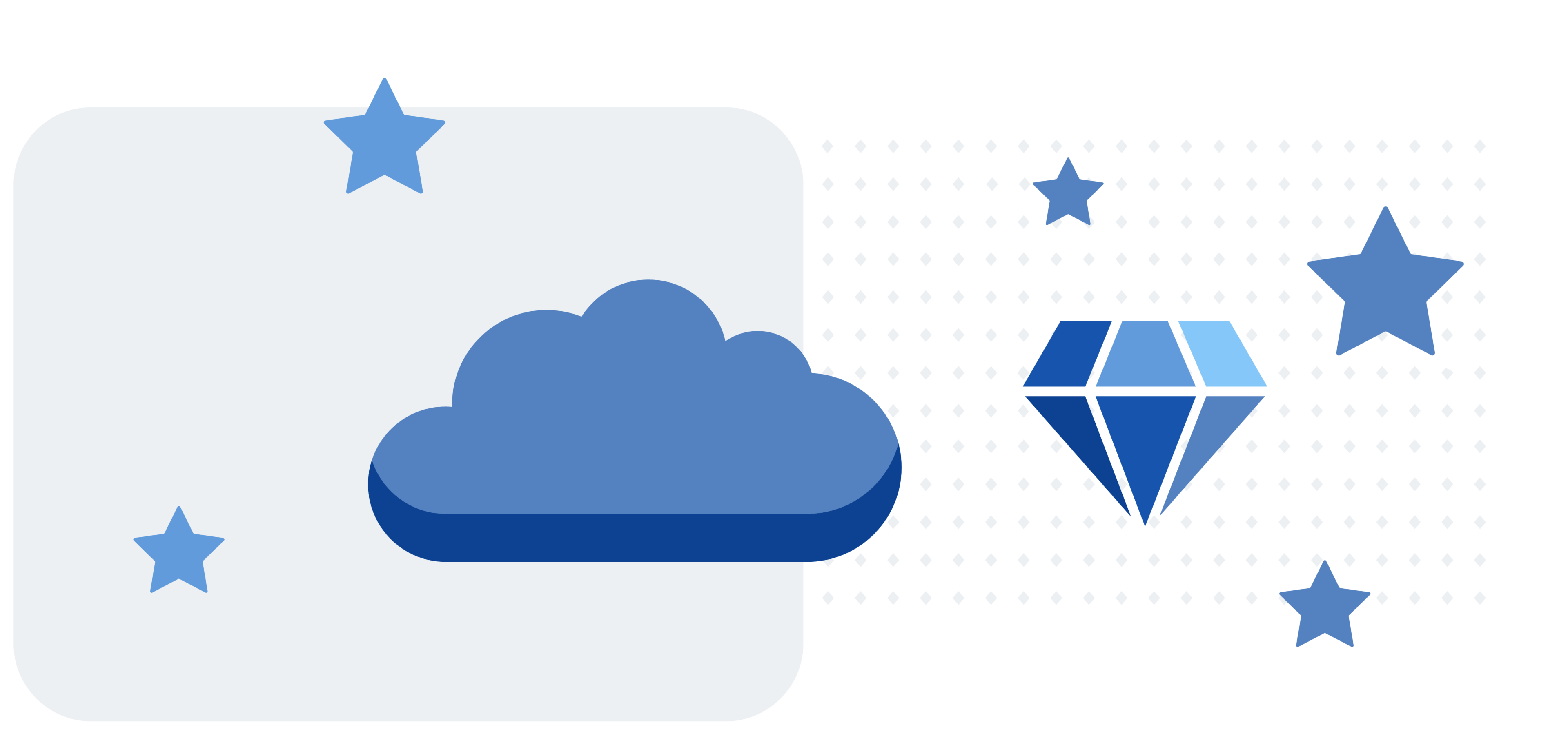 Illustration of a blue cloud and diamond shape surrounded by stars. The cloud is on the left in front of a light grey rectangle, while the diamond is on the right against a dotted background. Various blue stars of different sizes appear around the cloud and diamond.