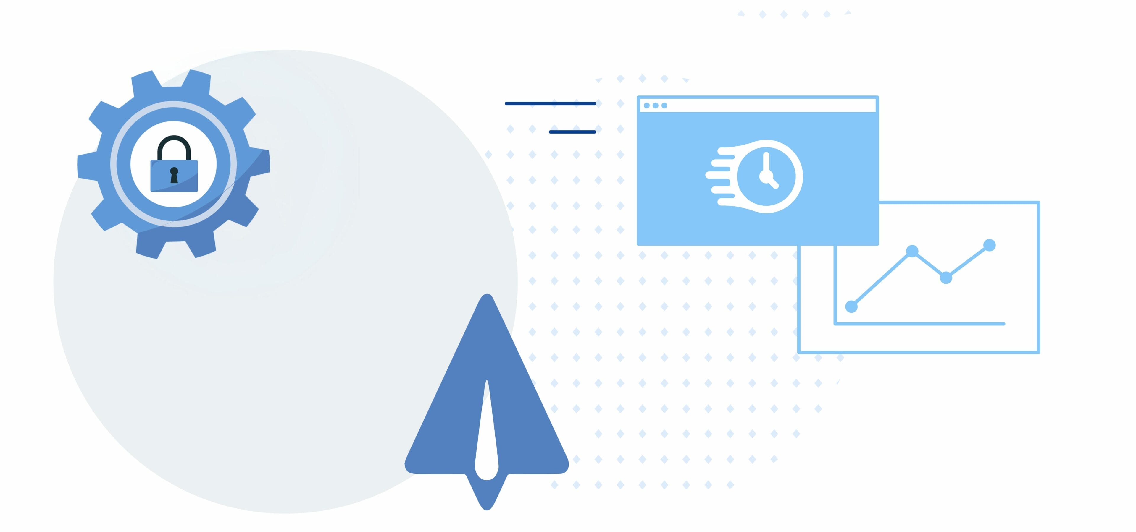 Abstract illustration featuring a blue gear with a padlock, symbolizing security, on the left. There's an upward arrow in the center. On the right, a browser window with a fast-moving clock icon and a graph with an upward trend line, indicating efficiency and progress. Dotted background.