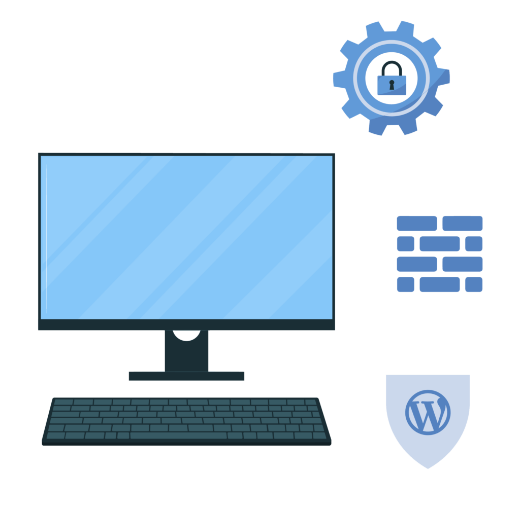 Illustration of a computer monitor and keyboard with symbols around it. A gear with a padlock, a brick wall, and a shield with the WordPress logo are present, representing website security and protection concepts.