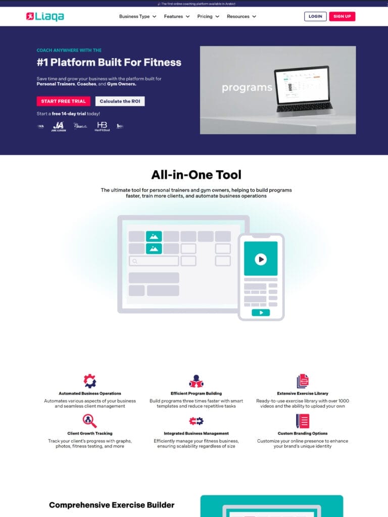 Screenshot of a fitness platform webpage. Features include a call-to-action for a free trial, program building tools, automated operations, client growth tracking, and a comprehensive exercise library. The page emphasizes efficient and scalable solutions for trainers and gym owners.