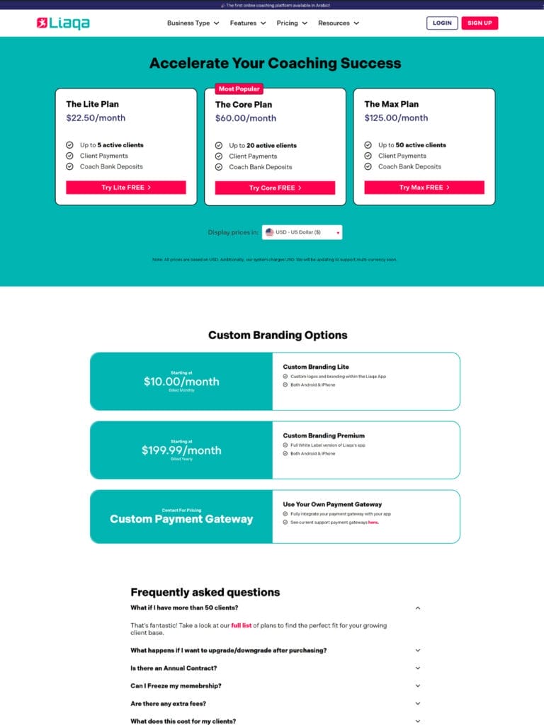 Screenshot of a pricing page for Liaqa coaching services. Includes three plans: Life Plan, Core Plan (Most Popular), and Max Plan. Displays pricing, options like custom branding, and an FAQ section. A toggle for display currency (USD or GBP) and a "Sign Up" button are present.