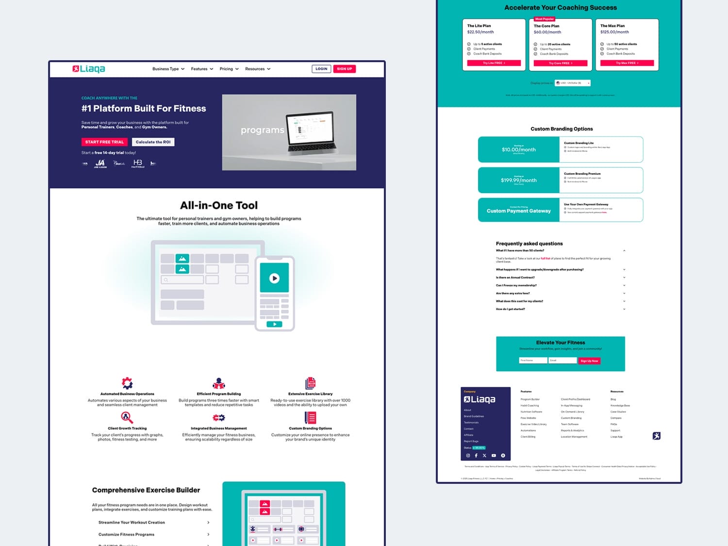 Website mockup featuring a fitness platform. Left side shows sections for tools, exercise builder, and client management. A laptop displays a dashboard image. Right side highlights subscription and FAQ sections. Dominant colors are blue, white, and pink.