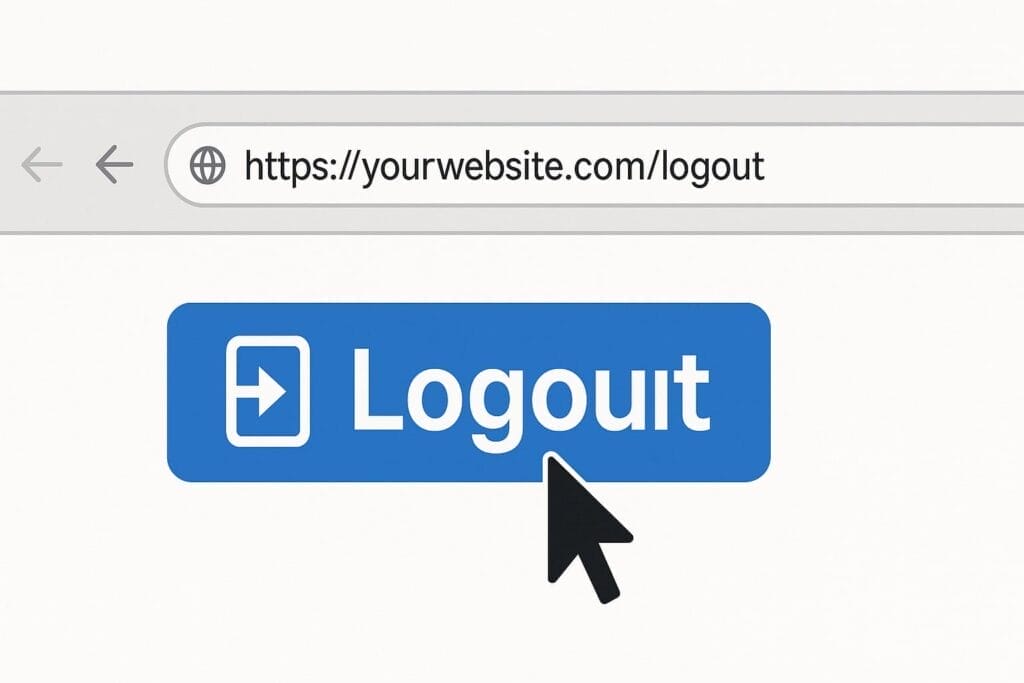 A web browser bar shows “https://yourwebsite.com/logout”. Below, a large blue “Logout” button with an arrow icon is displayed. A black cursor shaped like an arrow points at the button, indicating it is about to be clicked. The background is white.