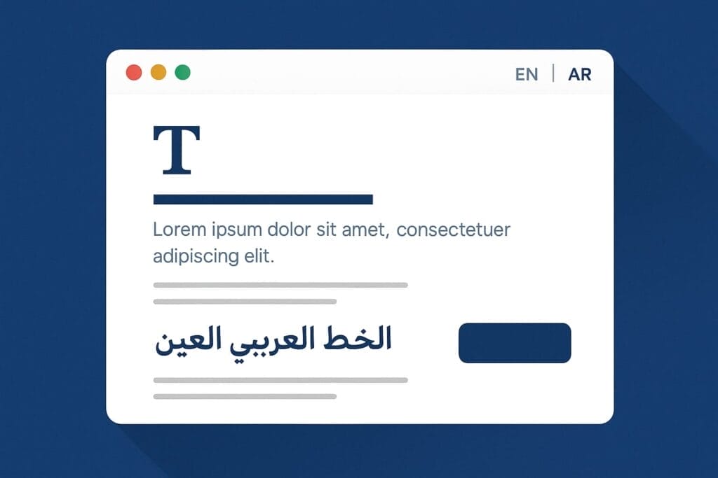 A website interface with EN and AR language options, a large “T” icon, placeholder English text above, and bold Arabic text below a line. There is a blue rounded rectangular button next to the Arabic text, all on a dark blue background.